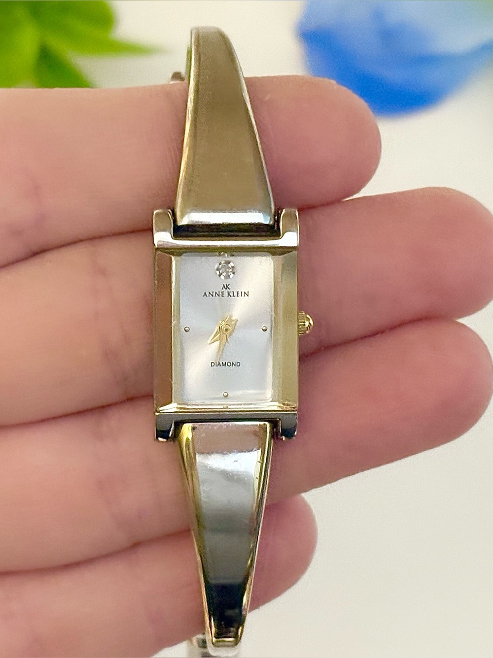 Anne Klein Womens Rectangular Diamond Bangle Watch-Gold/Silver Two-Tone Bracelet